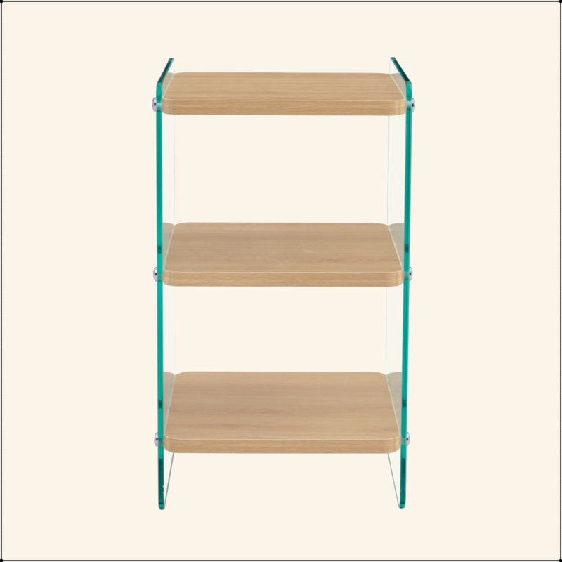 Trois niveaux de tables de chevet. La surface du panneau est en panneau de fibres à densité moyenne, avec des autocollants en grain, et les deux côtés sont en verre trempé transparent. La conception est simple et généreuse, avec fonction de rangement