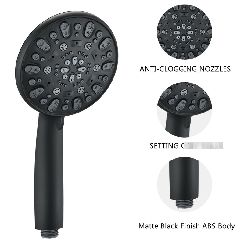 Robinet de douche à main noir mat avec 7 modes de jet et robinet guide à 7 réglages, noir, rouille léger