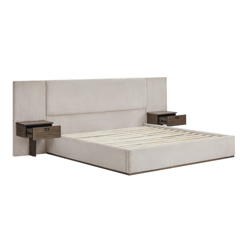 Tête de lit tapissier à DEL très grand Dahlia et tables d'appoint USB en A + C en chenille, gris clair, Gris clair, King