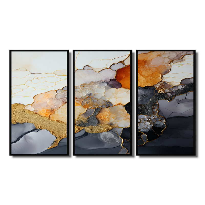 «Silver Gold Rock Impression» - ensemble d'impression d'art mural en marbre, H 40 po x l 60 po x P 1 po, Cadre flottant noir