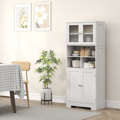 Modern Kitchen Pantry Storage Cabinet with Glass Doors White