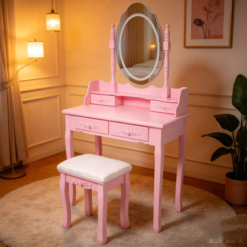 Pink Princess Vanity Desk Set With Mirror & Cushioned Stool,With Built-In Led Light Strips,4-Drawer Wooden Makeup Vanity Table For Girls' Bedroom, Dressing Table With Ample Storage,Pink