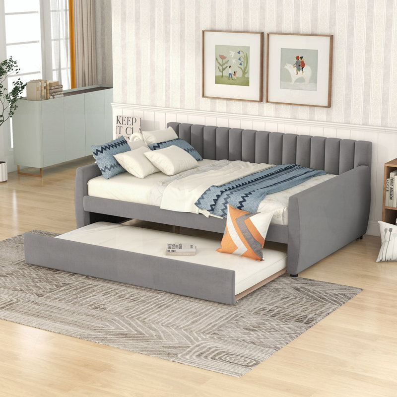 Versatile Upholstered Daybed with Pull-Out Trundle for Extra Sleeping Space, Grey