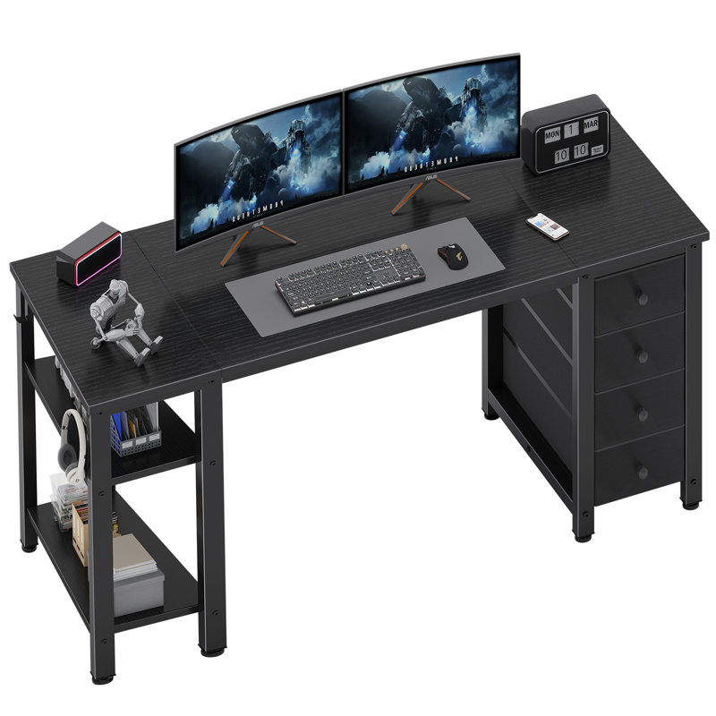 Rectangular Desk with Drawers & Storage Shelves, 29.5" H x 55.12" W x 18.9" D, Black