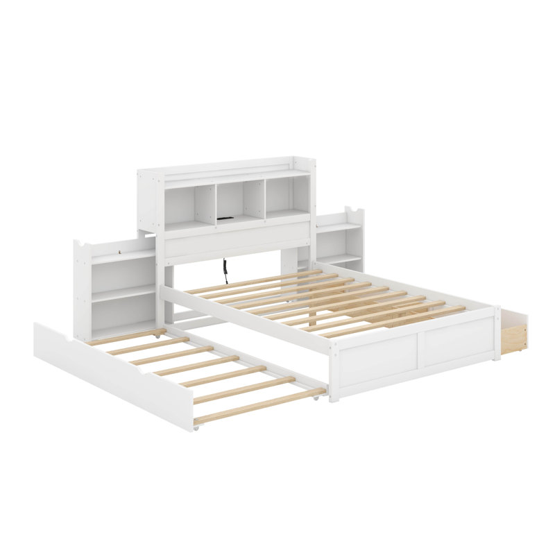 Lit plateforme double avec tablettes, lit gigogne et 2 tiroirs, Blanc
