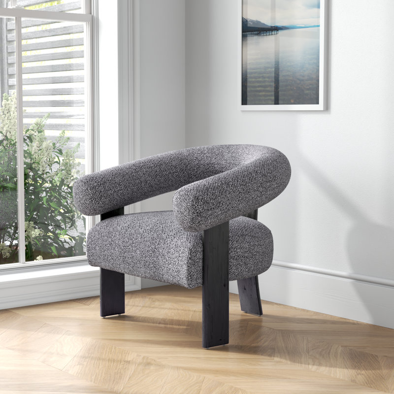 Modern Upholstered Curved Back Chair, Gray 100% Linen, Black
