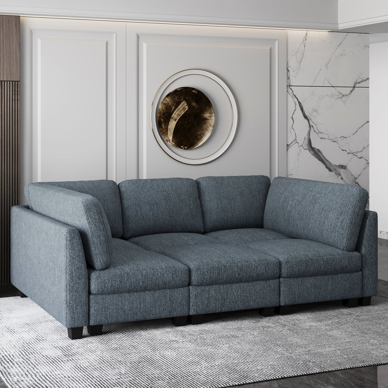 3-Seater Modular Sofa Chaise Lounge, Frostvelvet Upholstery Sofa Bed, Blue Polyester Blend, 35.4" H x 86.2" W x 45.7" D
