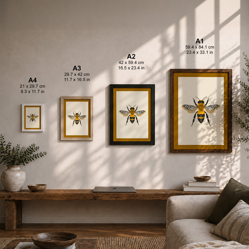 Detailed Bee Study Botanical - Framed Print, A2 - 59.4 x 42.0 cm, Walnut