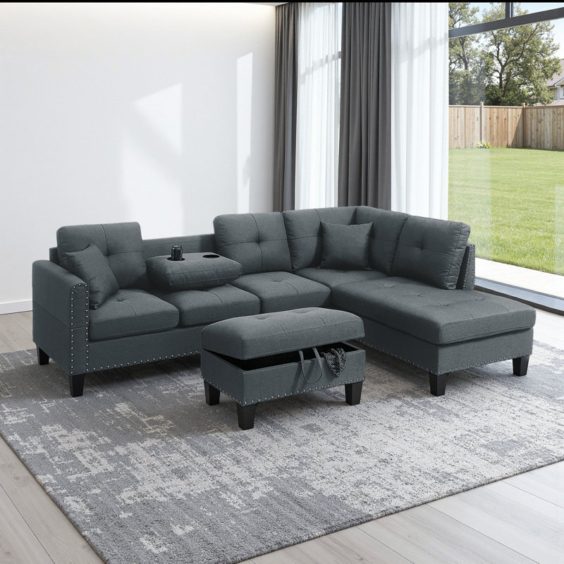 Ensemble de canapé modulaire en forme de L 3 pièces avec repose-pieds et porte-gobelets cachés, Gris anthracite