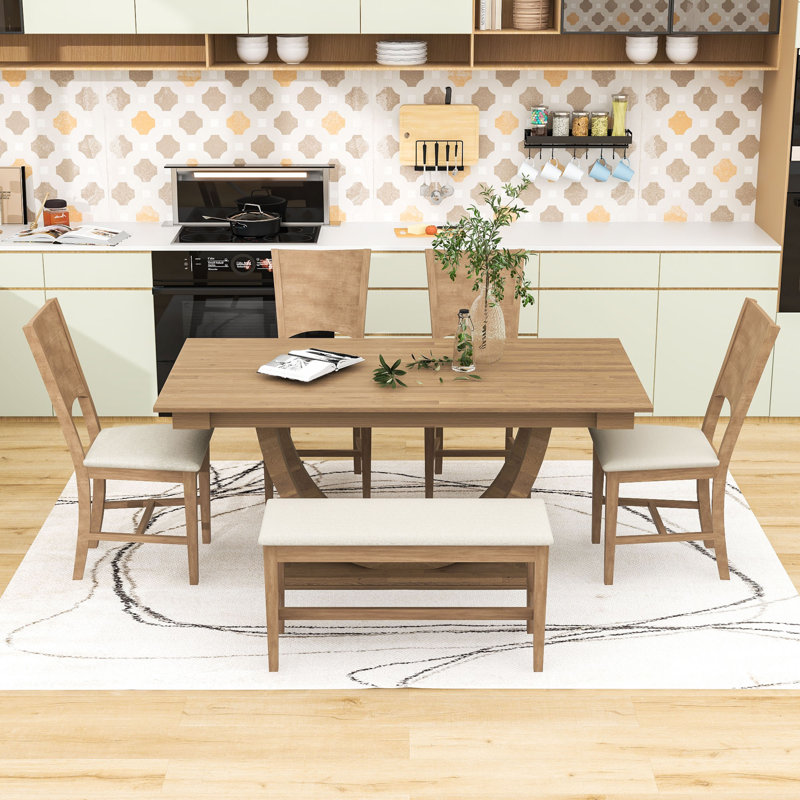 Ensemble de table de salle à manger en bois avec banc et 4 chaises rembourrées