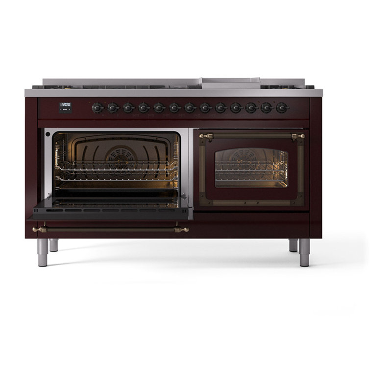 ILVE Nostalgie II Noblesse 60 in Dual Fuel Range, 9 Burner, Griddle, Burgundy/Burnished, Natural Gas