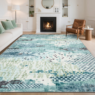 Grand tapis 8 pi x 10 pi à motif abstrait lavable à la machine avec envers en caoutchouc antidérapant et résistant aux taches pour le salon, la salle à manger
