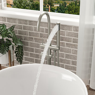 Bathtub Filler Freestanding Floor Mount In Brushed Nickel, Dual Handle Control, - Kink Stainless Steel Hose Tub Faucet Soft Water Stream, Multiple Spray Handheld Shower