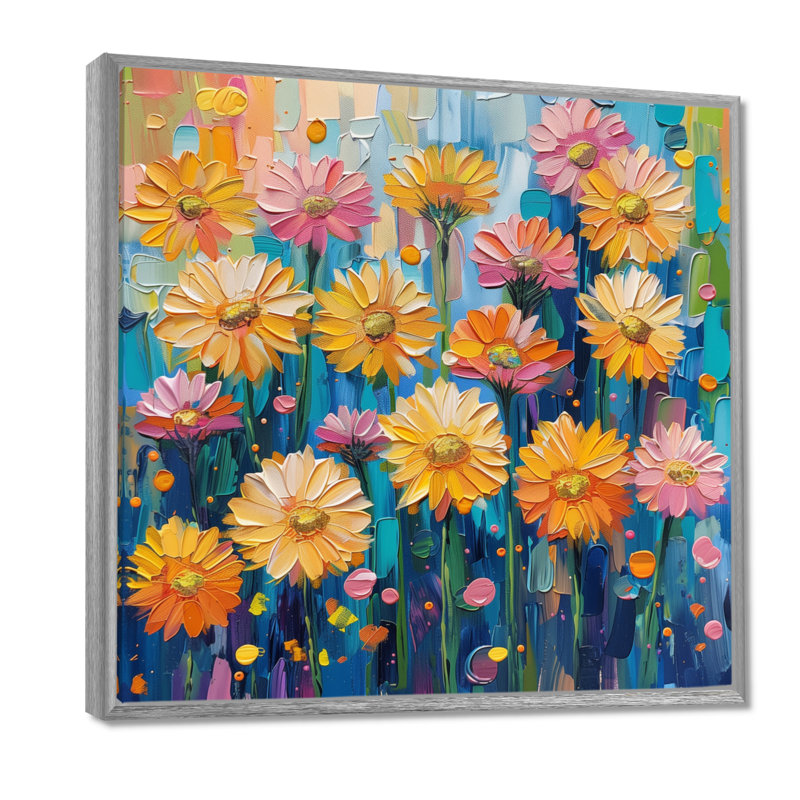 «Daisy» - art mural jaune, H 36 po x l 36 po, Encadrement argenté