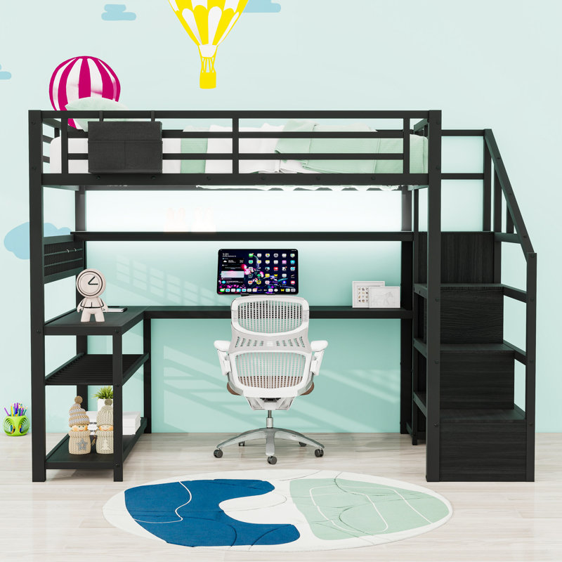 Full Metal Loft Bed With Light Strips, L-Shaped Desk, USB Ports And Storage Stairs, Black