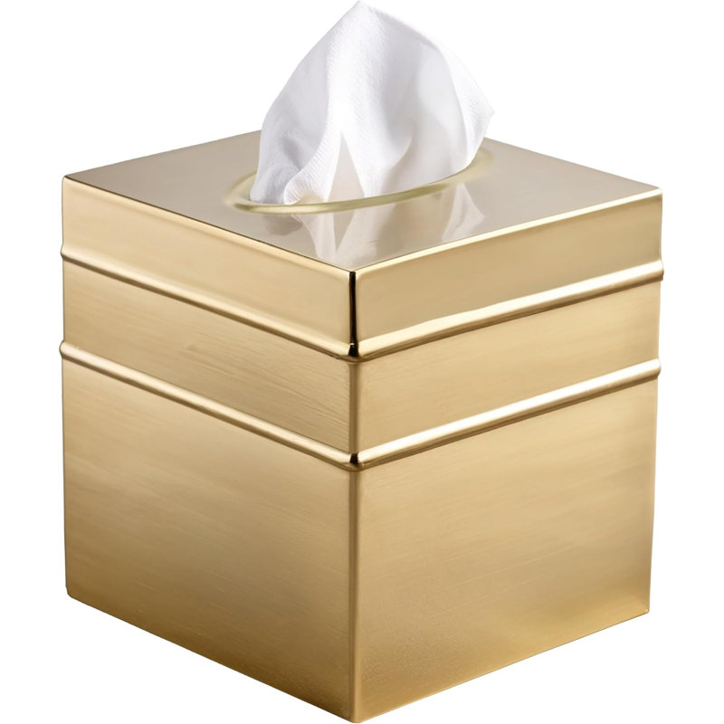 Border Embossed Metal Tissue Box Cover, Brushed Gold