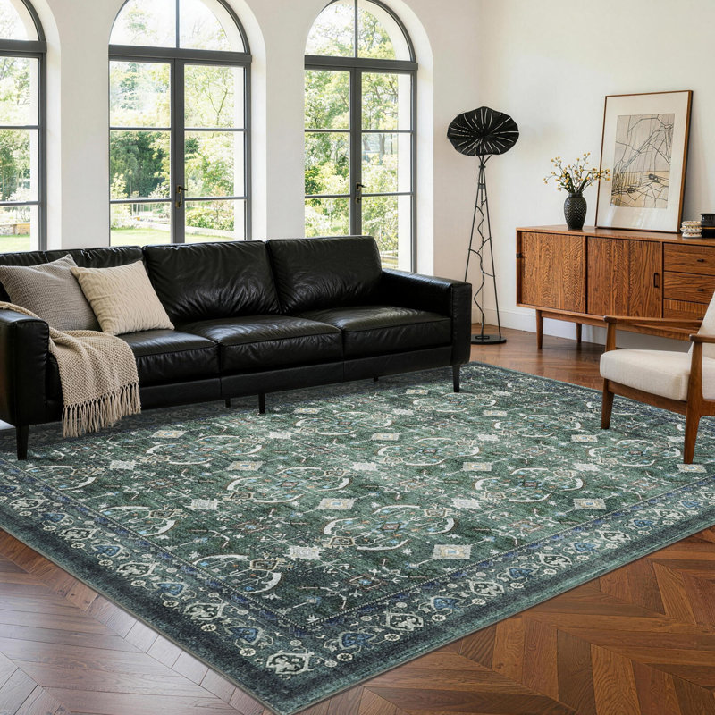 Area Rug 8x10, Washable Vintage Boho Rug, Low-Pile Non-Slip Stain Resistant Carpet for Living Room, Bedroom, Dining Room, Kids Nursery, Green