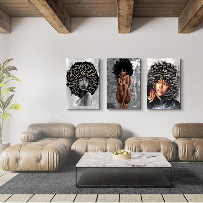 3 Piece Elegant Black Woman With Inspirational Words Canvas Wall Art, Abstract African American Girl Picture Femal Theme Poster Modern Framed Artwork For Living Room Home Decor 12X16inch