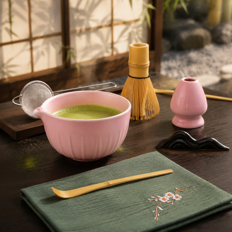 Ensemble de fouet à matcha 7 pièces, ensemble de matcha en céramique avec bol, fouet en bambou, support, pelle, repose, tamis et serviette à thé, cadeau élégant pour les amateurs de matcha et les femmes, rose
