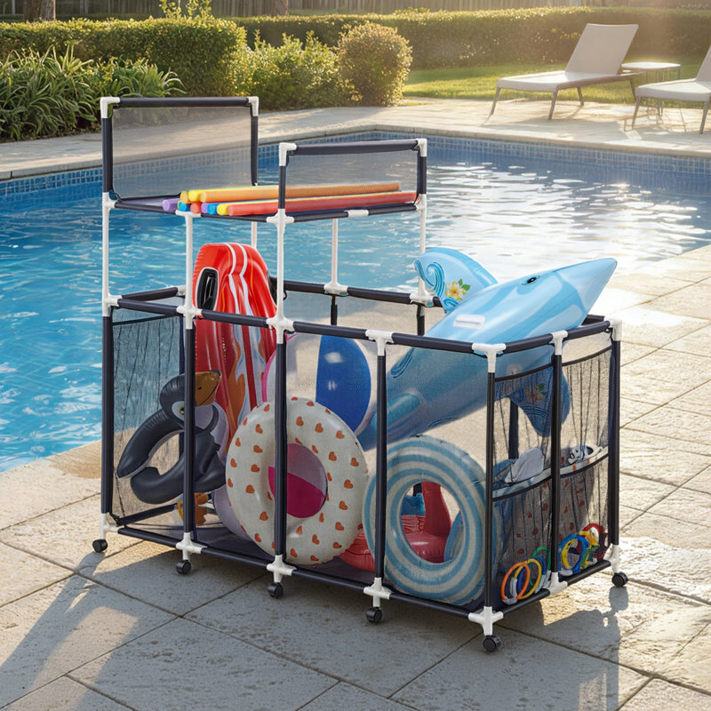Pool Storage Bin, 64.96 x 33.46 x 64.96 in, Rolling Pool Float Storage Organizer with Side Pockets & Noodles Holder Rack, Durable Plastic Frame, Poolside Toys Mesh Basket for Swimming Pools