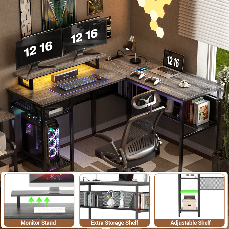 Bureau en L de 55 po Toria avec rangement, prises de courant et bande DEL, Chêne gris / Noir