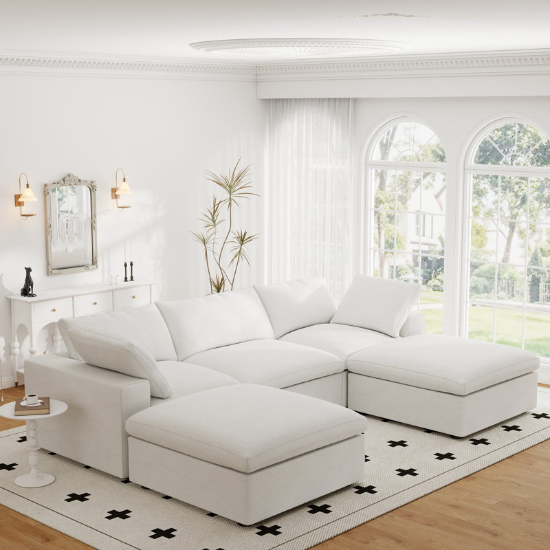 Canapé modulaire rembourré en lin avec repose-pieds 5 pièces Kenda, Lin blanc