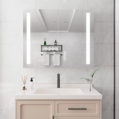 Armoire à pharmacie 36 po x 30 po avec miroir de coiffeuse à DEL, anti-buée, à intensité variable, encastrée ou à fixation en surface, armoire de salle de bain à double porte en aluminium 3000K ~ 6000K avec interrupteur tactile