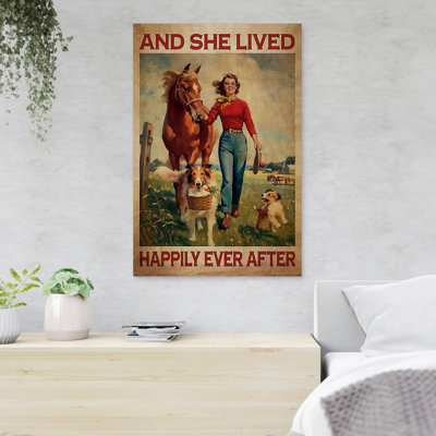 Girl With Her Pets In The Field - And She Lived Happily Ever After - 1 Piece Rectangle Graphic Art Print On Wrapped Canvas