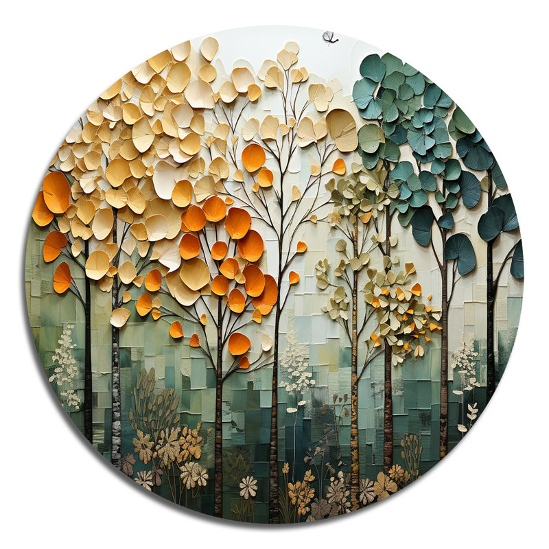 Toile orange, arbres verts, patchwork I - paysages d'art rond en métal, 16" H x 16" W