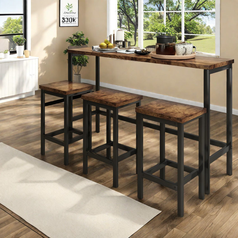 Ensemble de table de salle à manger à hauteur de comptoir peu encombrante avec structure en métal et plateau en bois aggloméré, design brun moderne pour la cuisine