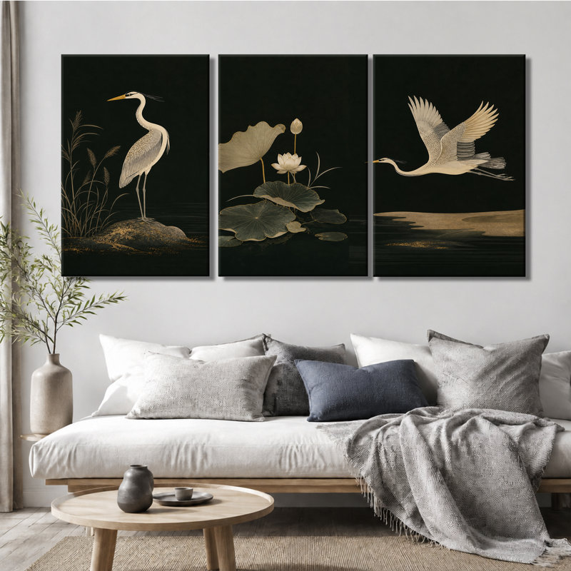 3 panneaux muraux sur toile fond héron lotus chinois traditionnel oriental peinture murale, 12 * 18 pouces * 3