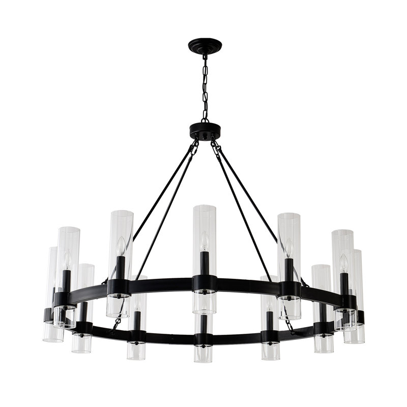 Lustre en bois avec roues 43,3 pouces noir mat et bois avec 12 lumières
