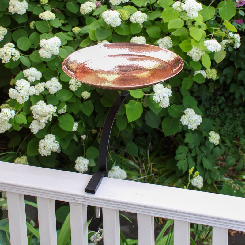 15" Polished Copper Rail-Mounted Birdbath with Wrought Iron Bracket