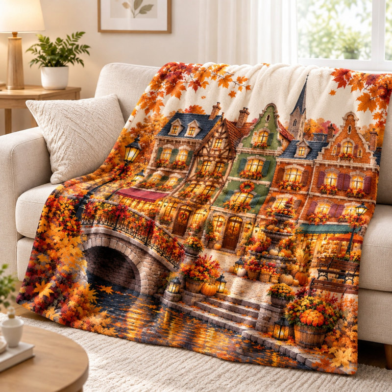 Jeté en polaire Autumn Village Scene, douillette douillette et confortable, Jeté (l 40 po x L 50 po)