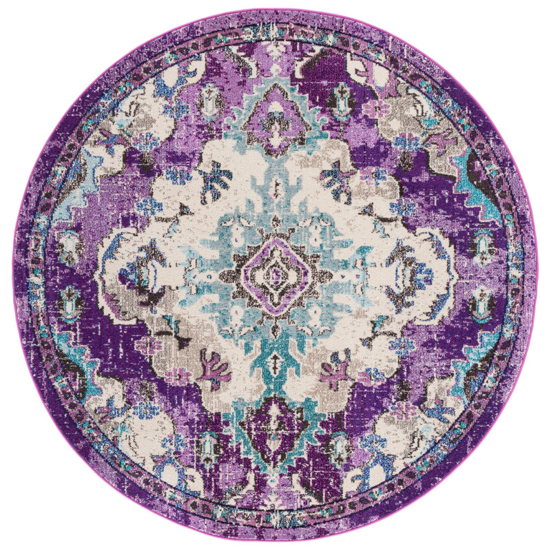 Brynlee Oriental Machine Made Power Loom Polypropylene Area Rug in Lavender/Light Blue, Round 6'7"