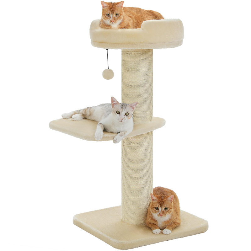 Mignonne tour à chat avec poteaux à griffer très épais et lit de fleurs amovible, Beige