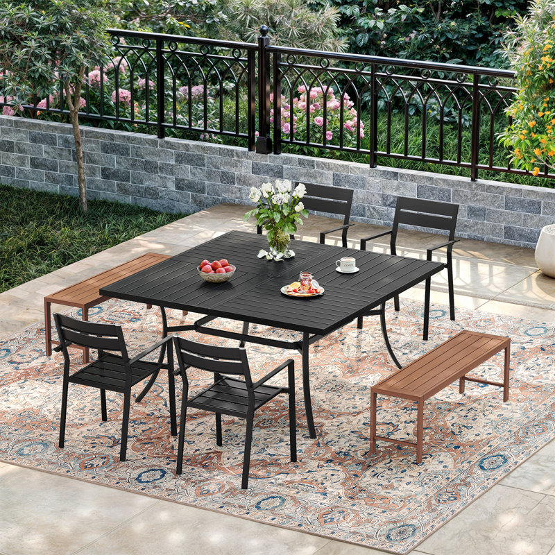 59.1" Square Outdoor Dining Set With Bench, Black/Walnut