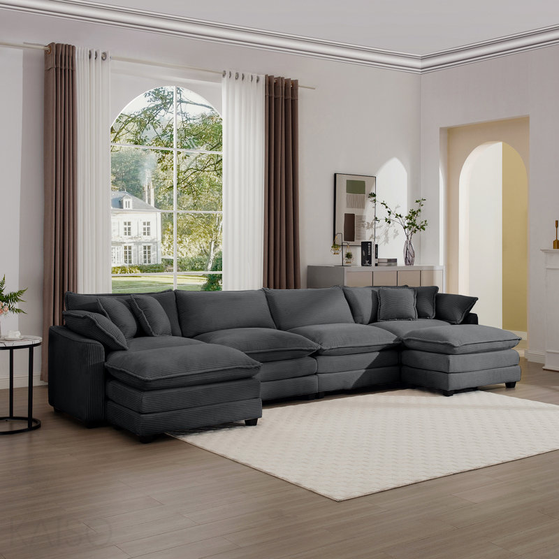 Canapé rembourré 4 places moderne avec 3 repose-pieds, 2 accoudoirs et 4 coussins décoratifs - Velours côtelé gris, Gray