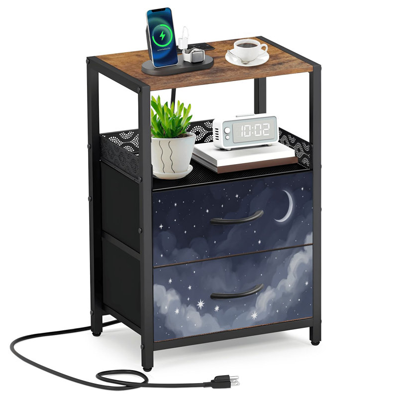Table de chevet 2 tiroirs en tissu avec station de charge Crescent Moon Starry Night Sky Soft Clouds Calm Blue Tones