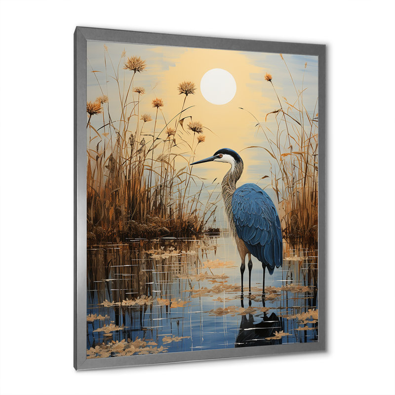 «Iaschome Heron Morning Stroll Pointillism III», reproduction sur toile, Cadre photo argenté, H 32 po x l 16 po x P 1 po