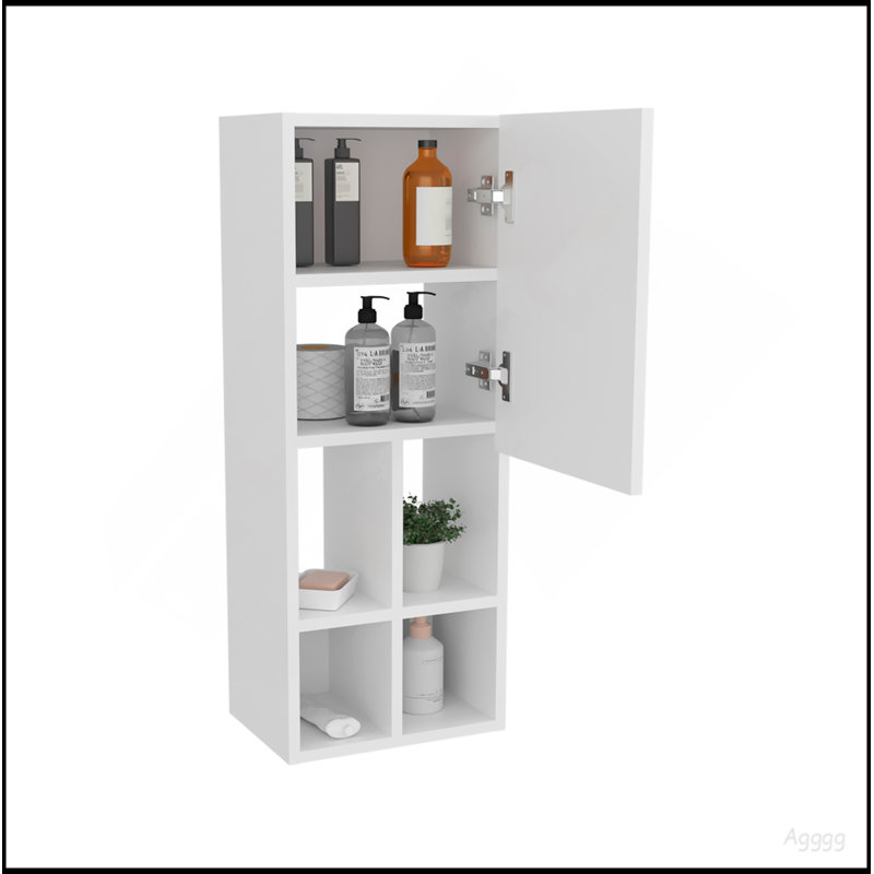 Wall-Mounted Bathroom Cabinet With Door And 4 Open Shelves, White Finish.
