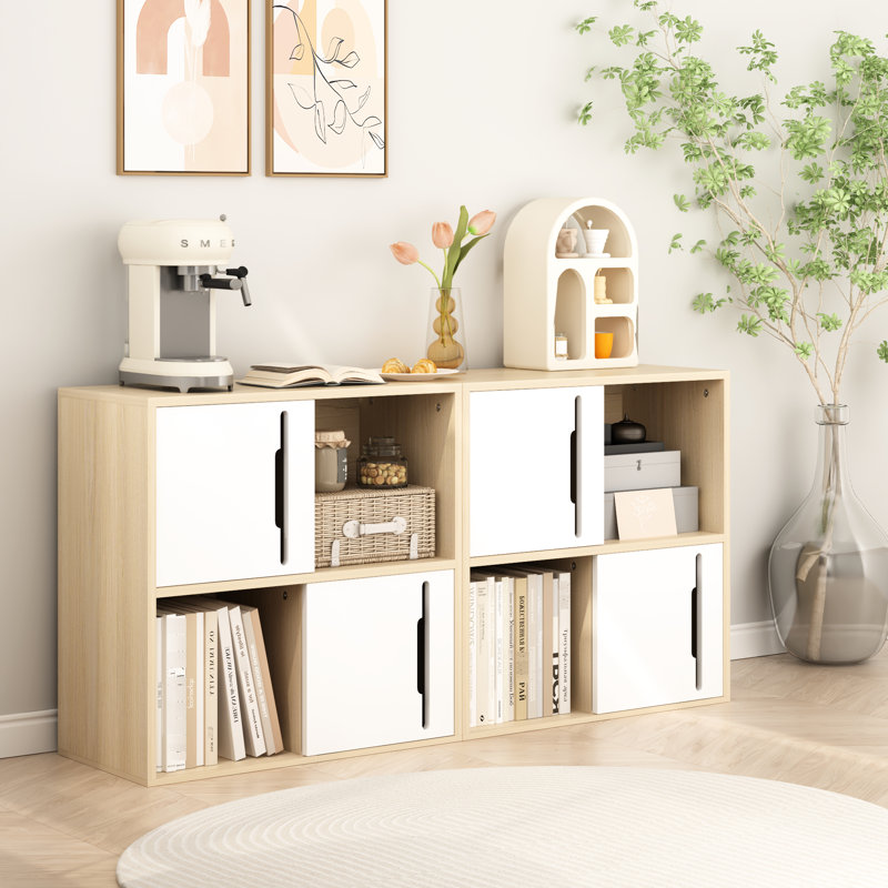 Compact Modern Vertical Storage With Dual Sliding Doors, 2 - Tier Open And Closed Organization, Natural Wood White Aesthetic For ' Room Solution: Wooden Cabinet Shelving Small Spaces,