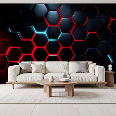 Papiers peints futuristes à peler et coller en nid d'abeille à technologie hexagonale bleu rouge et rouge technologie néon H 69 po x l 96 po, papier peint amovible en PVC, peinture murale auto-adhésive, décoration pour chambre de garçon, salle de jeux Men Cave