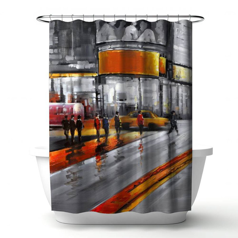 Cities Contemporary Gray – Times Square Design – Polyester Shower Curtain, Dye Sublimation Print, 71" W × 74" L