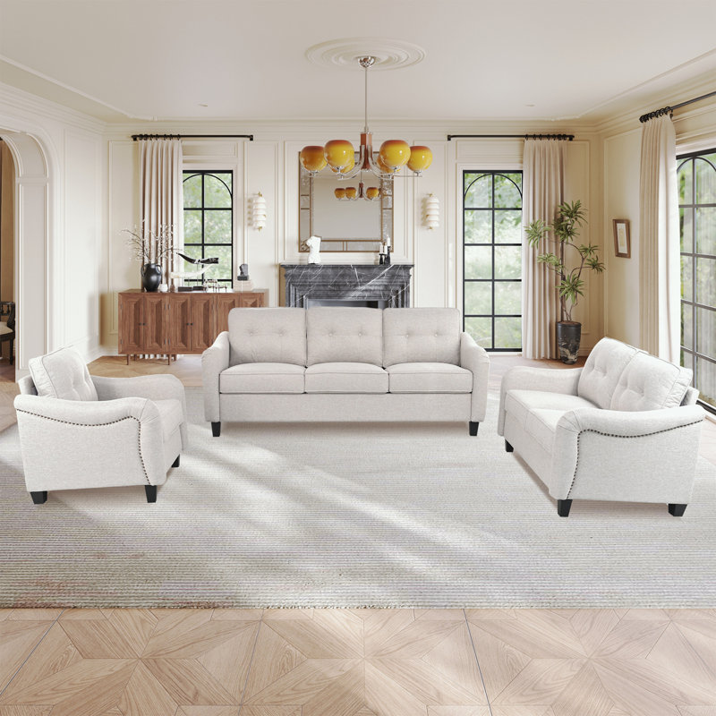 Canapé 3 pièces rembourré avec dossier capitonné, Beige