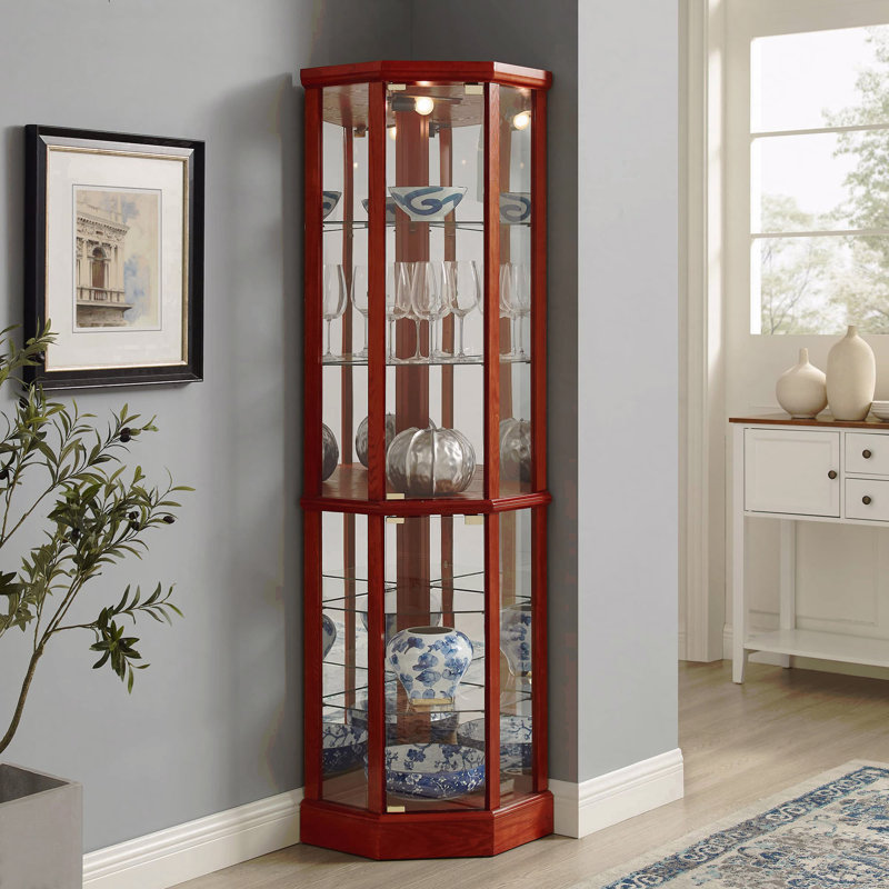 Armoire de coin éclairée en verre à 6 tablettes avec tablettes réglables et dos en miroir, Brun