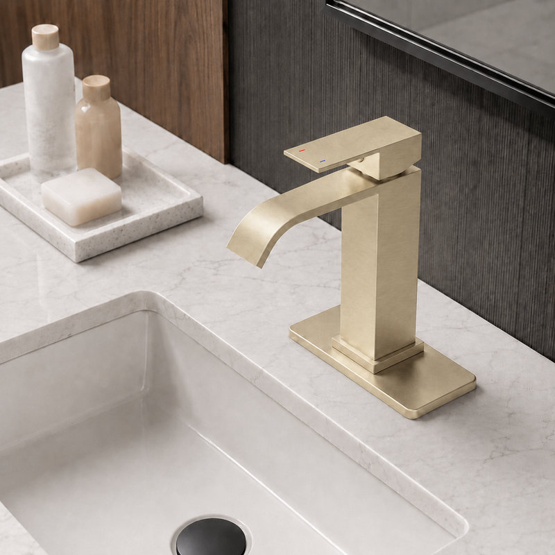 Nova Waterfall Vessel Single Hole,Single Handle Bathroom Sink Faucet with Deck Plate, Brushed Gold