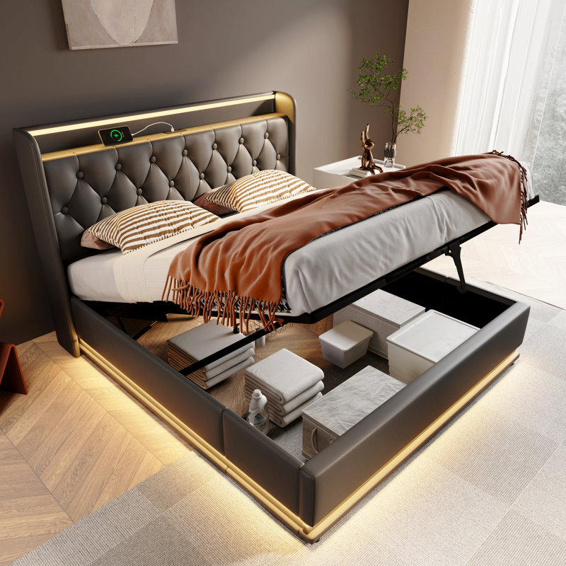 Grand lit tapissier, fonction DEL à 360 degrés, boutons / applications / télécommande, lit de rangement hydraulique avec charge USB de type C