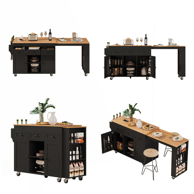 85.5" Kitchen Island with Extendable Dining Table, Black