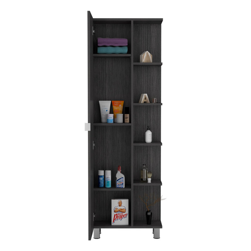 Armoire de coin, cinq tablettes ouvertes, une porte, finition chêne fumé, Gris